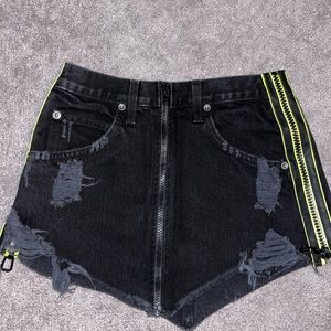 Black distressed denim skirt with zipper detailing